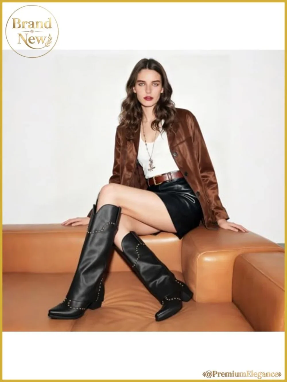Fold Over Knee High Boots Chunky Heel Studded Snip Toe Women's